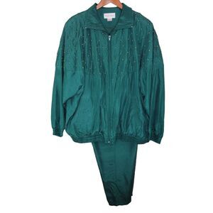 Rhoda Lynne Plus Silk 90s quilted & beaded bomber jacket set suit size 2xl